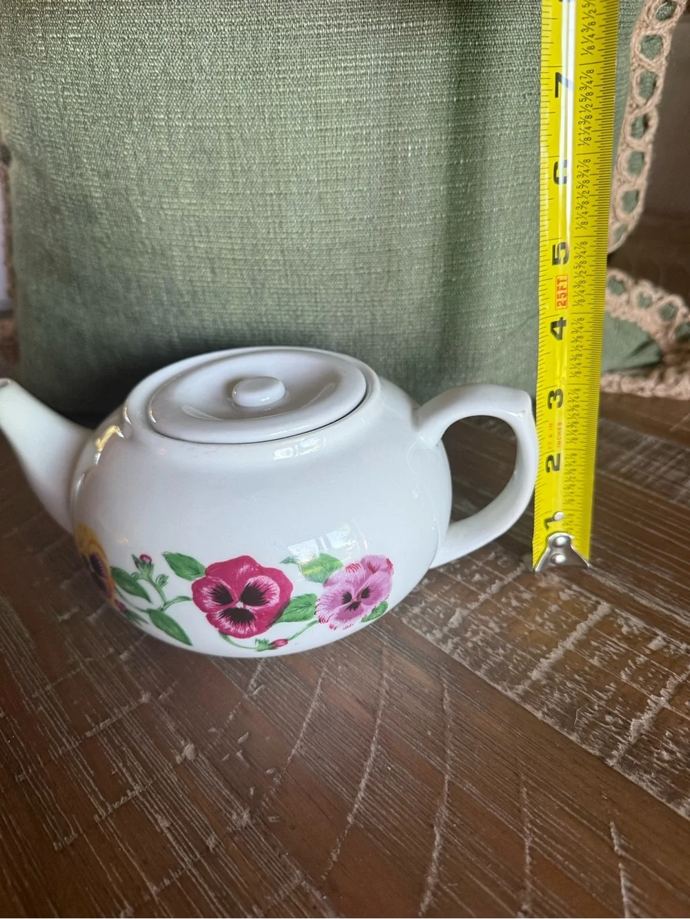 White Ceramic Teapot with Pink Floral Pansy Motif